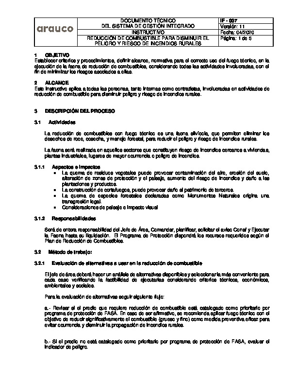 Reducción de combustible para disminuir peligro y riesgo de incendios rurales (IF 007 v11 04.2020)