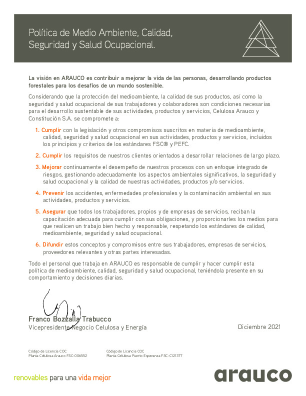 Quality, Environmental, and Occupational Health and Safety Policy Celulosa